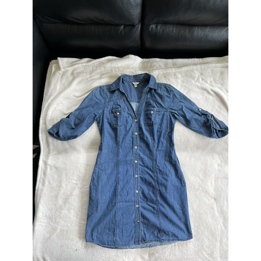 Guess Womens Button Down Roll Tab Sleeves Blue 100% Cotton Midi Dress Size Small